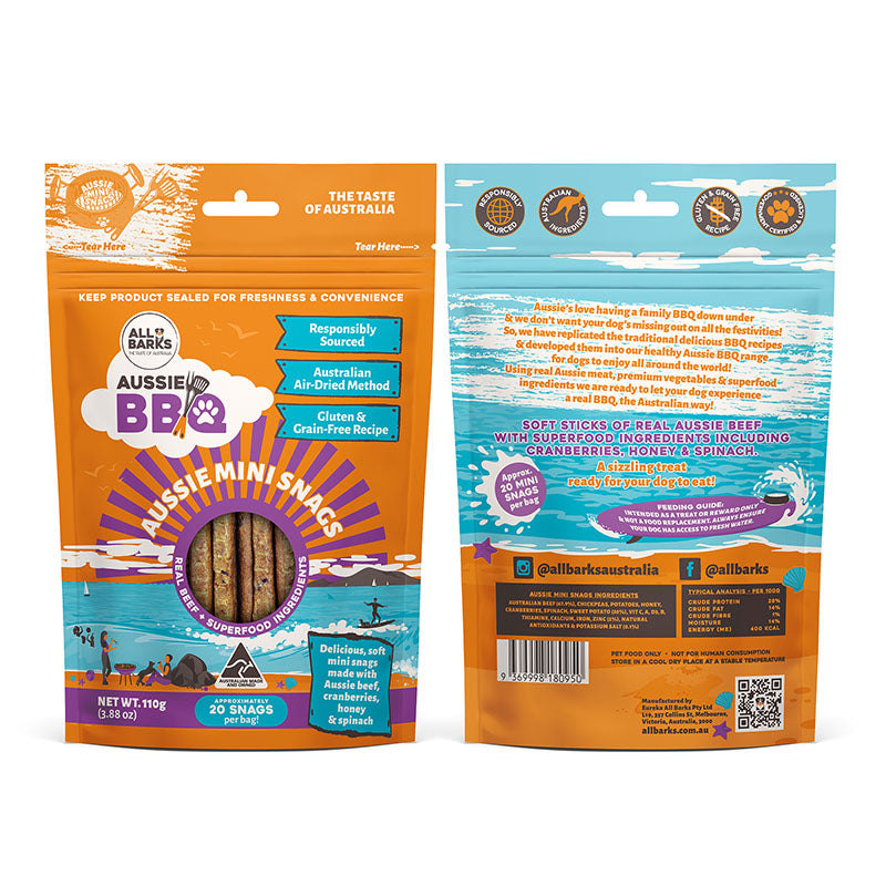 Packaging Image of Australian beef dog treats - Aussie Mini Snags - All Barks 