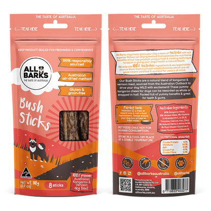 Packaging image of kangaroo dog treats - Bush Sticks - All Barks 