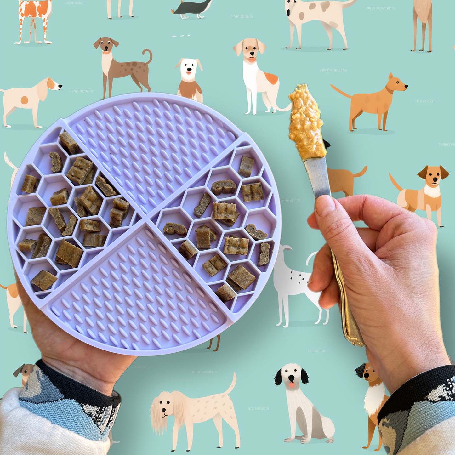 Slow Feeder Dog Lick Mat with peanut butter spread- All Barks